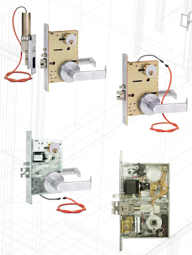 SDC electrified mortise lockset components with solenoid, motor and wiring