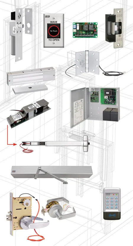 EAC retrofit hardware: electric strike, exit device, door closer, keypad and mag lock