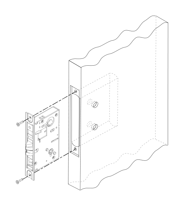 Exploded diagram of a mortise lock fitting into a door